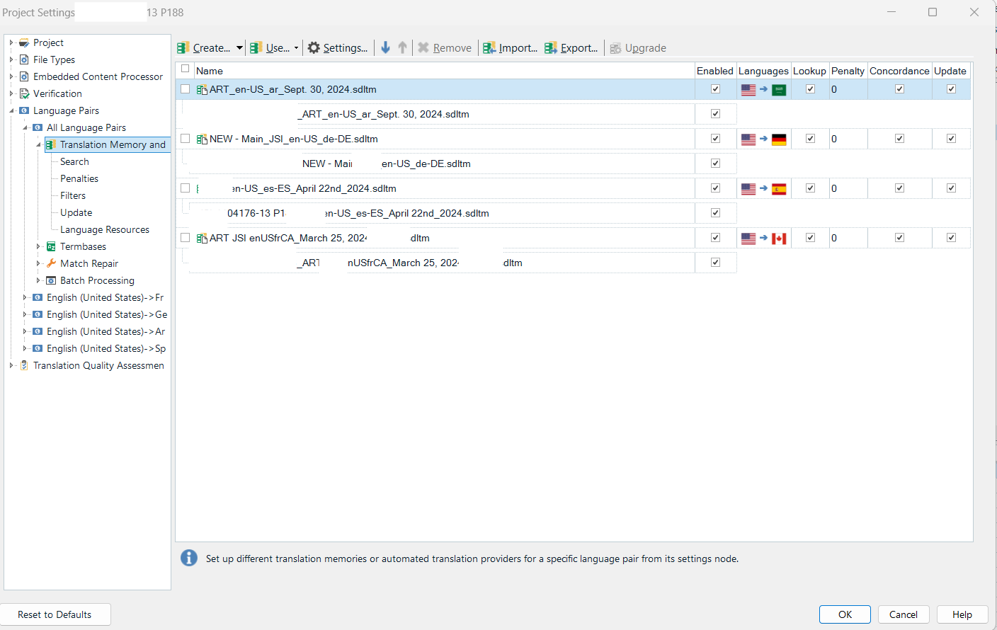 Screenshot of Trados Studio Project Settings showing Translation Memory and Automated Translation with various language pairs and translation memories listed.