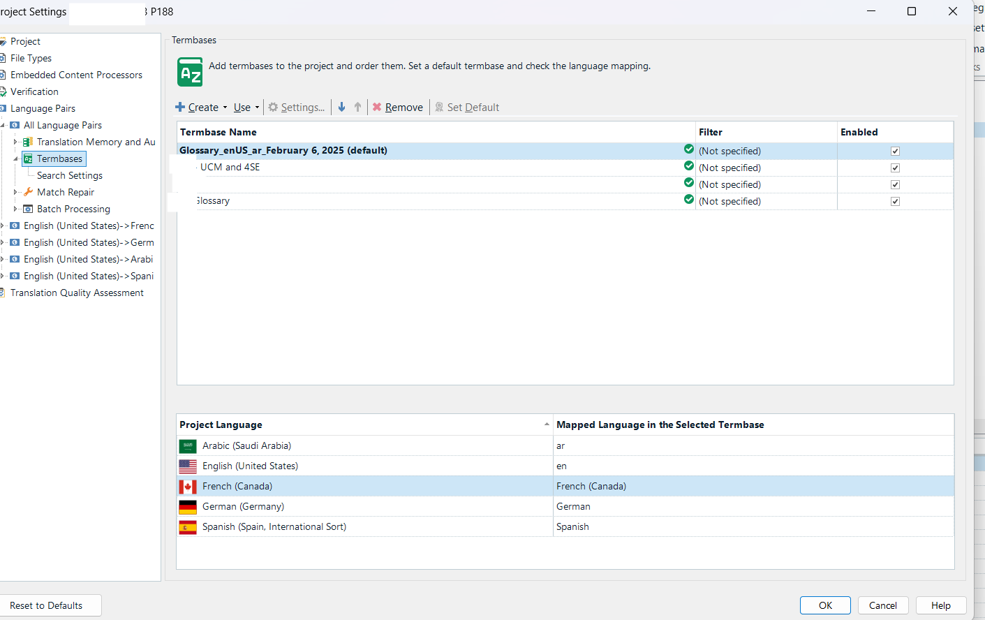 Screenshot of Trados Studio Project Settings with the Termbases section open, displaying a list of termbases and their corresponding language mappings.