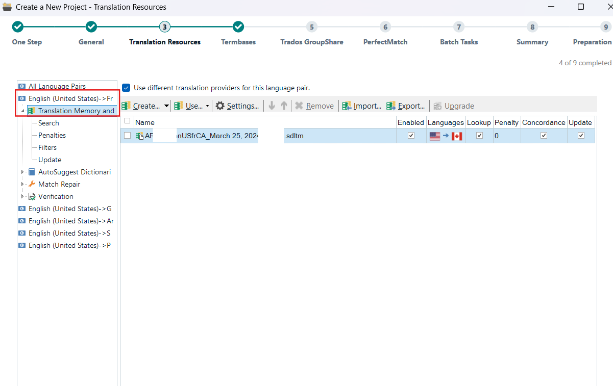 Screenshot of Trados Studio's 'Create a New Project - Translation Resources' tab showing language pairs and a selected translation memory with a warning icon next to 'English (United States)->French (Canada)'.
