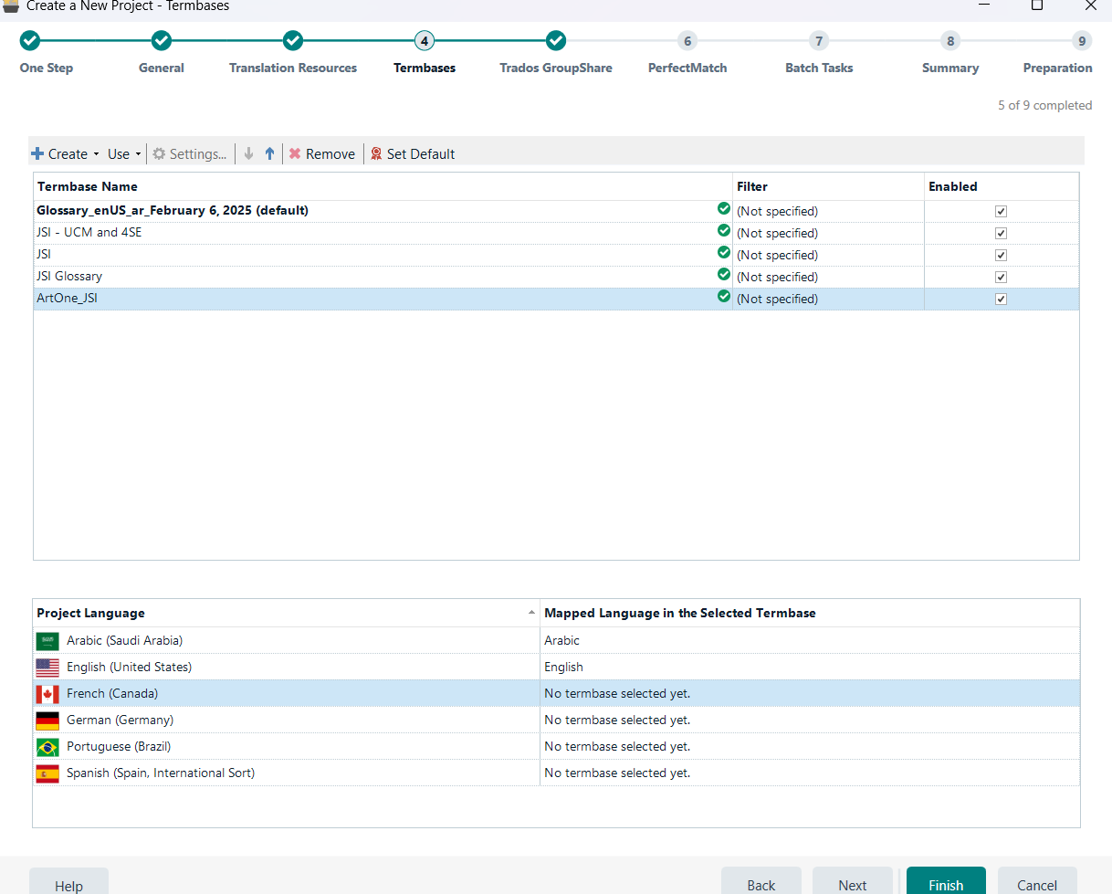 Screenshot of Trados Studio's 'Create a New Project - Termbases' tab with a list of termbases and a section below showing project languages without selected termbases for French, German, Portuguese, and Spanish.