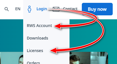 Screenshot of the Trados website navigation menu with red arrows pointing to 'RWS Account' and 'Licenses' options.