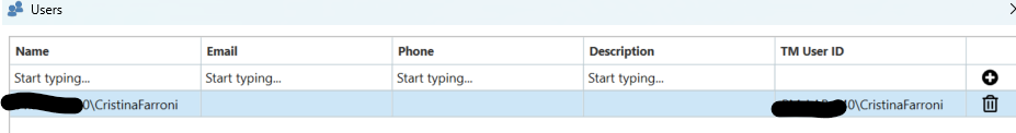 Trados Studio Users window with one user listed, fields for Name, Email, Phone, Description, and TM User ID partially visible.