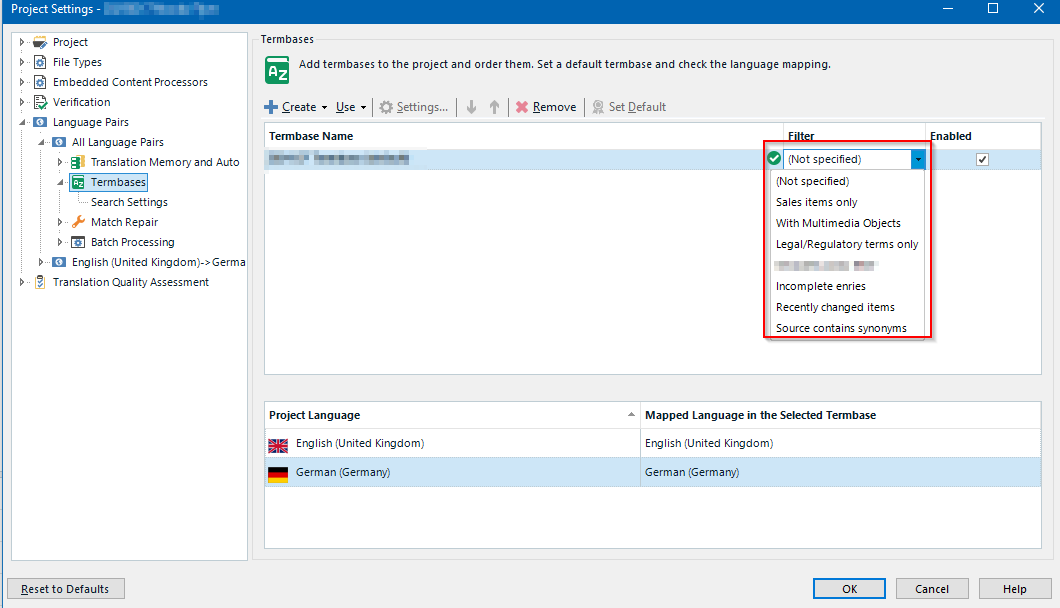 Screenshot of Trados Studio Project Settings window showing Termbases section with a dropdown menu for Filter options and various filters like 'Sales items only' and 'LegalRegulatory terms only'.