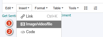 Dropdown menu under 'Insert' with options 'Imagevideofile' highlighted and 'Code' below it in a software interface.