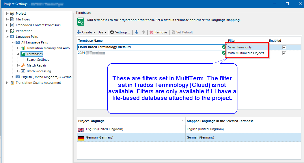 Screenshot of Trados Studio Project Settings showing TermBases section with a cloud-based termbase selected. A message box indicates filters set in MultiTerm are not available in Trados Terminology (Cloud) without a file-based database.