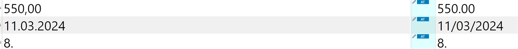 Screenshot of Trados Studio interface displaying numbers and a date, '550.00' and '11.03.2024', with a blue 'AT' icon indicating a language or country setting.