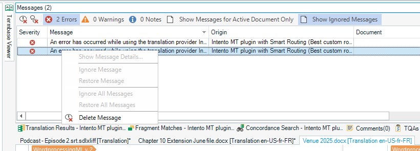 Screenshot of Trados Studio showing 2 errors in the Messages panel related to an issue with the Intento MT plugin with Smart Routing.