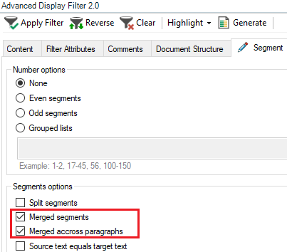 Screenshot of Trados Studio's Advanced Display Filter 2.0 with 'Merged segments' and 'Merged across paragraphs' options checked.