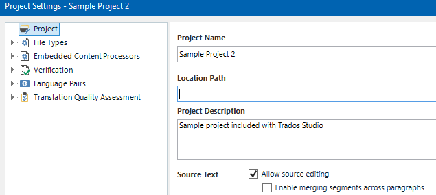 Screenshot of Trados Studio's Project Settings showing 'Sample Project 2' with 'Allow source editing' checked and 'Enable merging segments across paragraphs' unchecked.