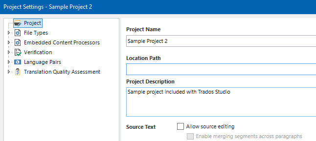 Screenshot of Trados Studio's Project Settings showing 'Sample Project 2' with 'Allow source editing' unchecked and 'Enable merging segments across paragraphs' unchecked.