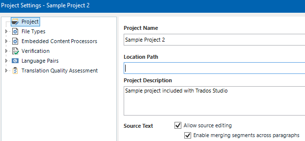 Screenshot of Trados Studio's Project Settings showing 'Sample Project 2' with both 'Allow source editing' and 'Enable merging segments across paragraphs' checked.