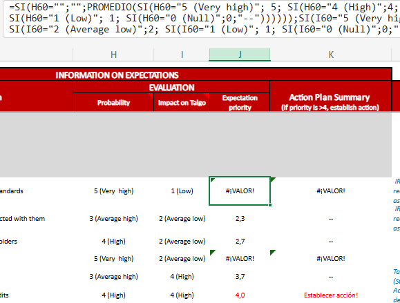 Spreadsheet with formula bar in English showing '#VALUE!' errors in cells and a note 'Establish action!' in column K.