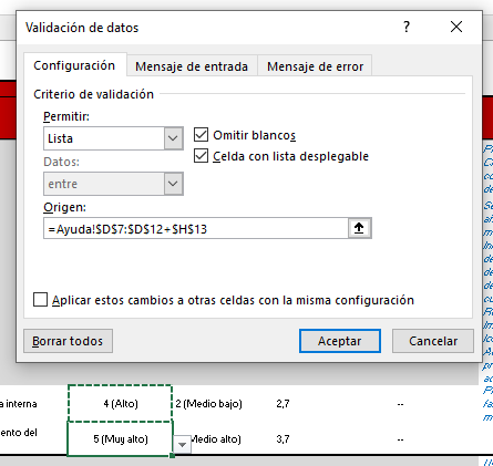 Screenshot of a 'Validacion de datos' (Data Validation) dialog box with settings for a dropdown list in a spreadsheet application. An error message or list is not visible.