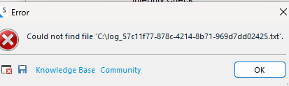 Error dialog box from Trados Studio with message: Could not find file 'C:log_57c1f177-878c-4214-8b71-969d7dd02425.txt'.
