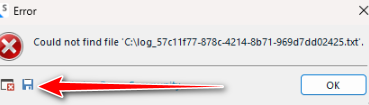 Error dialog box from Trados Studio with a red 'X' icon, displaying the message 'Could not find file C:log_5fc171ff-878c-4214-8b71-969d7d042425.txt.', with an 'OK' button and an arrow pointing to a disk symbol.
