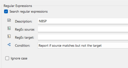 Screenshot of Trados Studio QA Checker settings with a regular expression search for non-breaking spaces (NBSP) without a specified regex pattern.