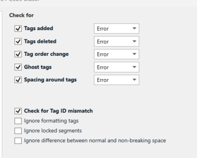 Screenshot of Trados Studio QA Checker settings for tag verification, with options for tags added, deleted, order change, ghost tags, and spacing around tags set to 'Error'.