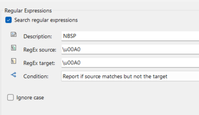 Screenshot of Trados Studio Regular Expressions settings showing a rule named NBSP with RegEx source and target set to u00A0 and condition set to 'Report if source matches but not the target'.