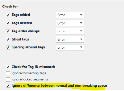 Trados Studio verification settings dialog box with options for tag verification, including an unchecked option 'Ignore difference between normal and non-breaking space'.