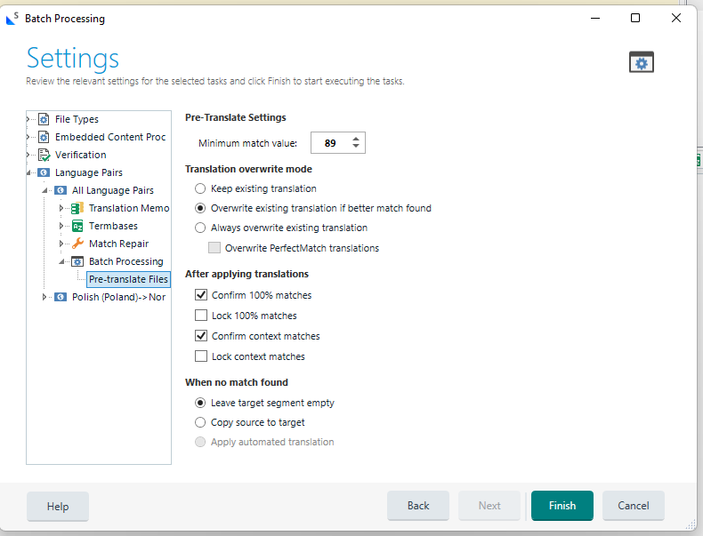 Screenshot of Trados Studio Batch Processing Settings showing Pre-Translate Settings with a minimum match value of 89 and various translation overwrite options.