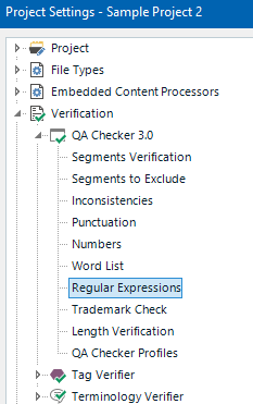 Screenshot of Trados Studio Project Settings showing Verification options expanded with Regular Expressions highlighted.