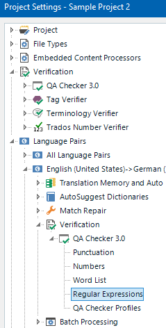 Screenshot of Trados Studio Project Settings under Language Pairs, showing Verification options and Regular Expressions highlighted for English to German.