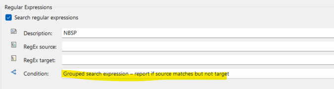 Screenshot of Trados Studio Regular Expressions search settings with a description 'NBSP' and a condition for 'Grouped search expression - report if source matches but not target'.