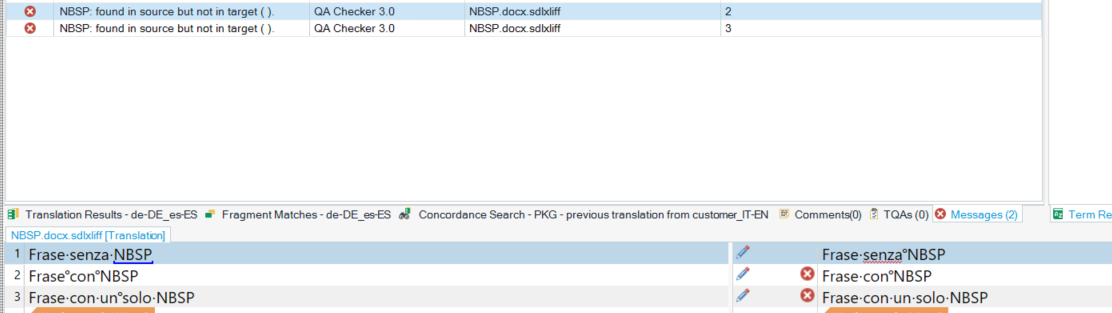 Screenshot of Trados Studio QA Checker showing two warnings for 'NBSP: found in source but not in target', with three instances listed in the translation results.