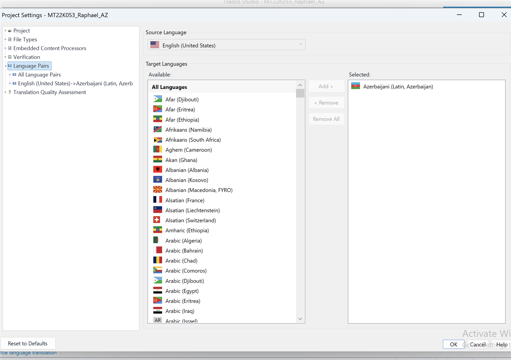 Trados Studio project settings window showing 'MT22K053_Raphael_AZ' with Azerbaijani (Latin, Azerbaijan) selected as the target language.