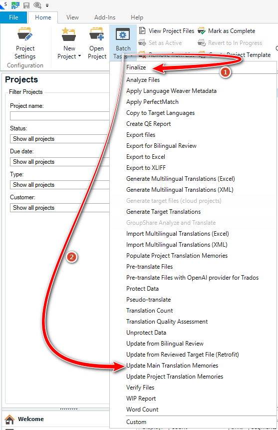 Screenshot of Trados Studio's menu with 'Finalize' and 'Update Main Translation Memories' batch tasks highlighted.