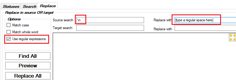 Screenshot of Trados Studio's 'Replace' feature with 'Use regular expressions' checked. Source search field contains 'n' and Replace with field contains a placeholder text.