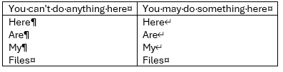 Table comparing two columns with text. Left column titled 'You can't do anything here' with words 'Here', 'Are', 'My', 'Files' each in a new row. Right column titled 'You may do something here' with the same words in a single line.