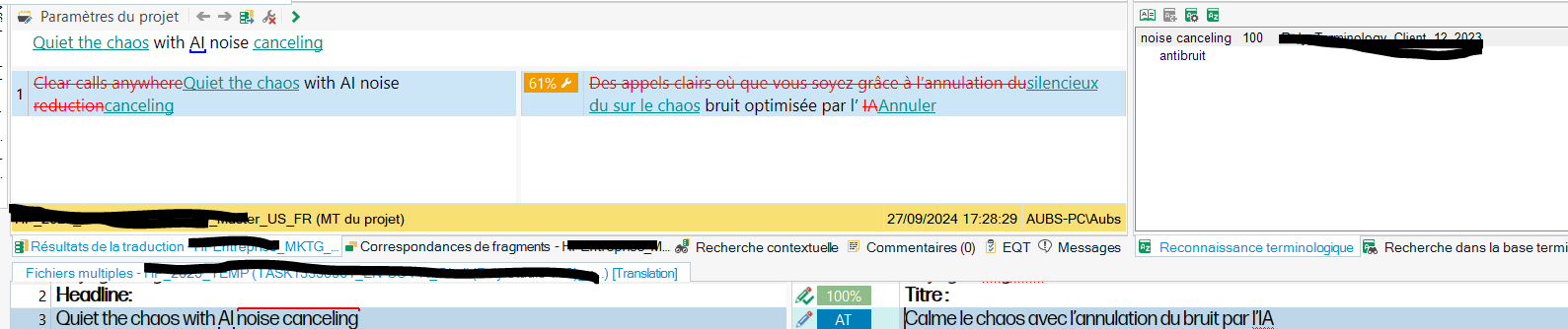 Screenshot of Trados Studio software showing a translation project. The source text 'Quiet the chaos with AI noise canceling' is displayed with a 61% match from a translation memory. The target text is partially translated in French with a highlighted warning for 'AI noise canceling' not being translated.