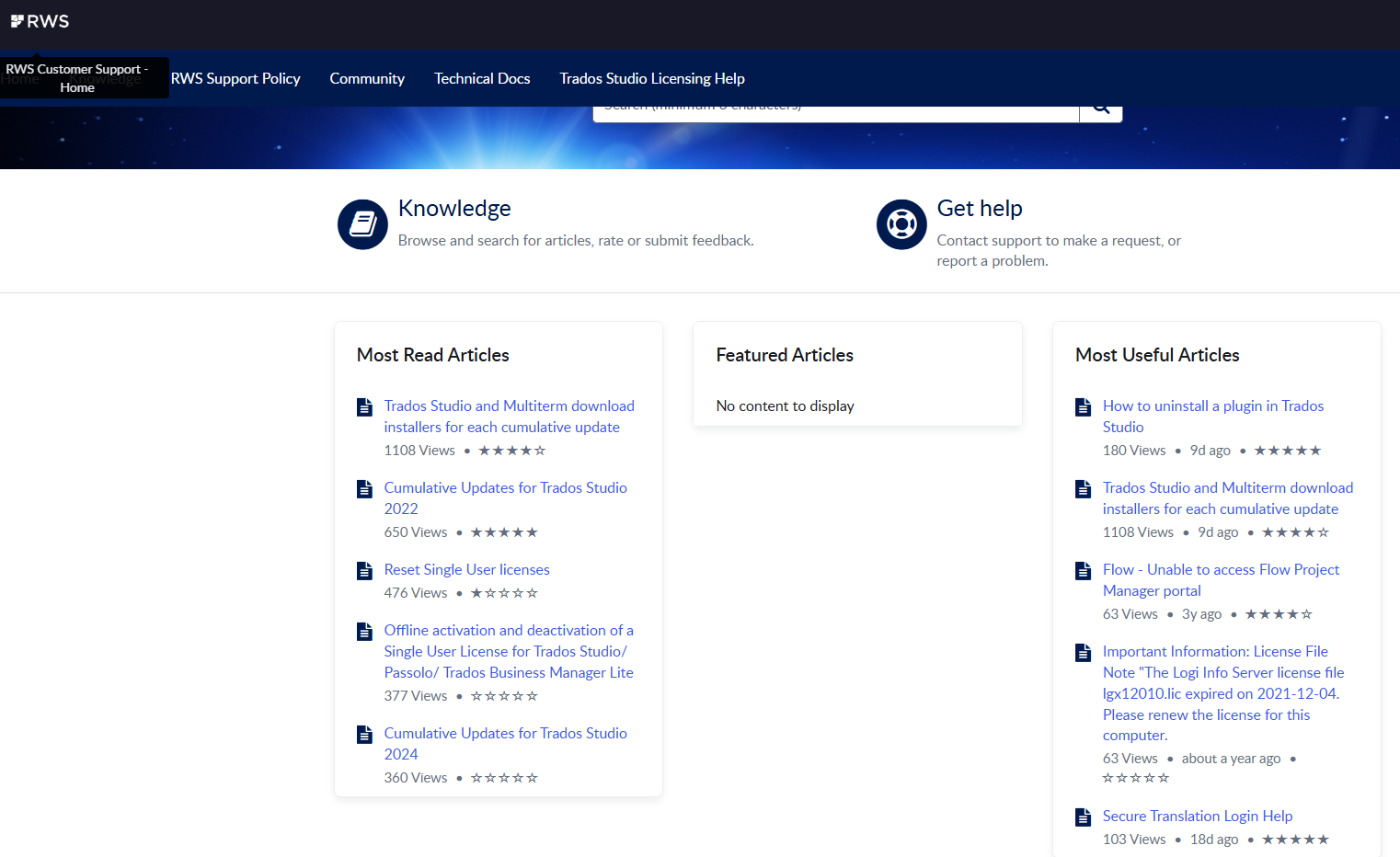 Screenshot of RWS Customer Support page with sections for Most Read Articles, Featured Articles with 'No content to display', and Most Useful Articles.