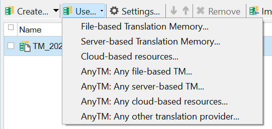 Trados Studio screenshot showing a list of translation memory options with 'File-based Translation Memory', 'Server-based Translation Memory', 'Cloud-based resources', and various 'AnyTM' options.
