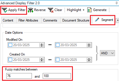 Screenshot of Trados Studio's Advanced Display Filter 2.0 with 'Apply Filter' button highlighted. Fuzzy matches set between 76 and 100.