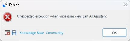 Error dialog box with a red cross icon, titled 'Fehler', displaying the message 'Unexpected exception when initializing view part AI Assistant'.