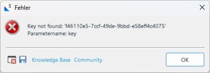 Error dialog box with a red cross icon, titled 'Fehler', displaying the message 'Key not found: 'xxxxxxxx-xxxx-xxxx-xxxx-xxxxxxxxxxxx' Parametername: key'.