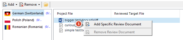 Trados Studio interface showing a right-click context menu with options 'Add Specific Review Document' and 'Remove Review Document'. A red notification bubble with the number 1 is visible.
