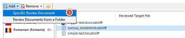 Trados Studio interface with a right-click context menu open, displaying options 'Specific Review Document' and 'Review Documents from a Folder'. A red notification bubble with the number 2 is present.