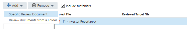 Trados Studio interface with a right-click context menu showing options 'Specific Review Document' and 'Review documents from a Folder'. The 'Include subfolders' option is checked.