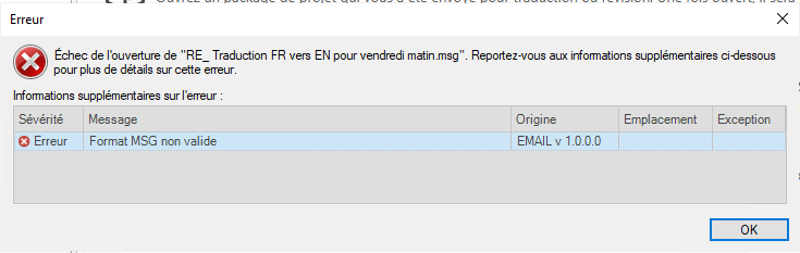 Error dialog box in Trados Studio with a message 'Echec de l'ouverture de file' indicating a failure to open a .msg file, stating 'Format MSG non valide' which means 'Invalid MSG format'.