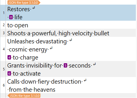 Screenshot of Trados Studio showing segmented JSON file text with line breaks and numbers indicating segment order. Some segments have a warning symbol.