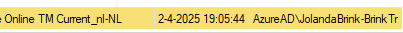 Screenshot displaying a Trados Studio TM entry with a timestamp and user ID 'AzureADJolandaBrink-BrinkTr'.
