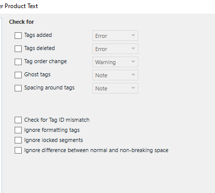 Screenshot of Trados Studio QA settings similar to the first image, with options for tags added, tags deleted, tag order change, ghost tags, and spacing around tags.