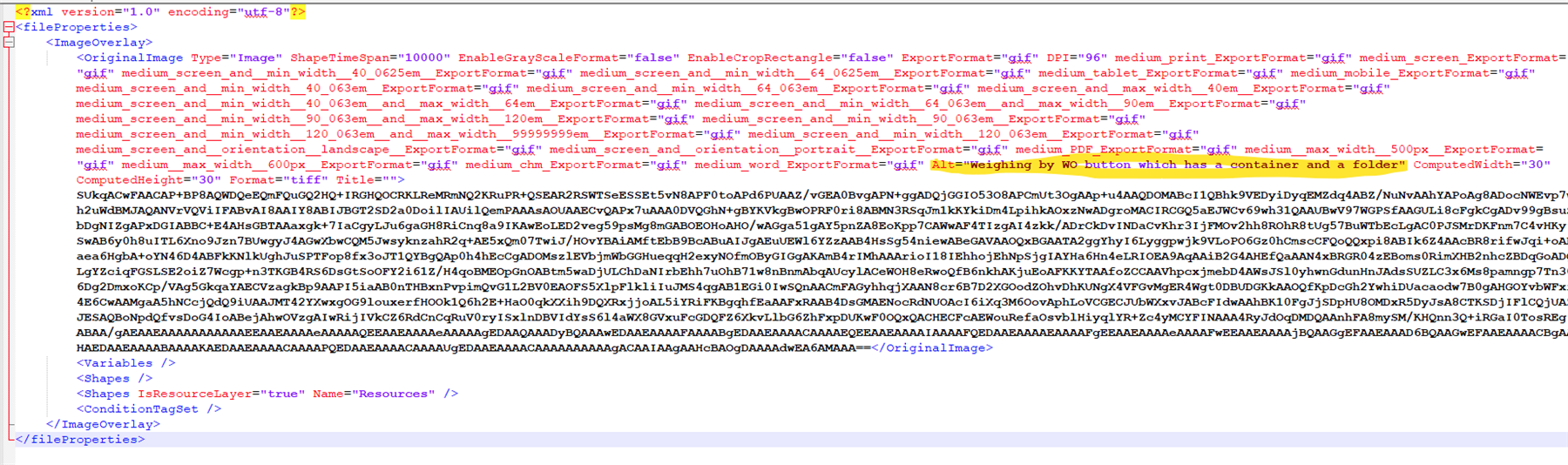 Screenshot of XML code with highlighted text showing an ImageOverlay element with various attributes including OriginalImageType, ShapeTimeSpan, EnableGrayScaleFormat, and Alt text for an image.