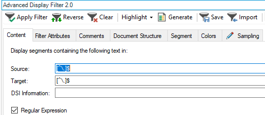 Advanced Display Filter 2.0 interface showing options to apply filters, reverse, clear, highlight, generate, save, and import. Source and Target fields contain regex patterns.