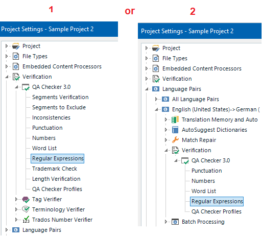 Comparison of two Project Settings views in Trados Studio. View 1 highlights Regular Expressions under QA Checker 3.0. View 2 shows Regular Expressions under Language Pairs.