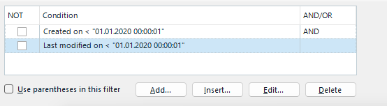 Filter settings window showing conditions: Created on before 01.01.2020 00:00:01 and Last modified on before 01.01.2020 00:00:01, with options to Add, Insert, Edit, or Delete.