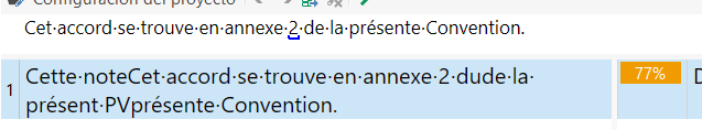 Screenshot of Trados Studio showing a segment with French text. The source text reads 'Cet accord se trouve en annexe 2 de la pr sente Convention.' The target text has a 77% match.